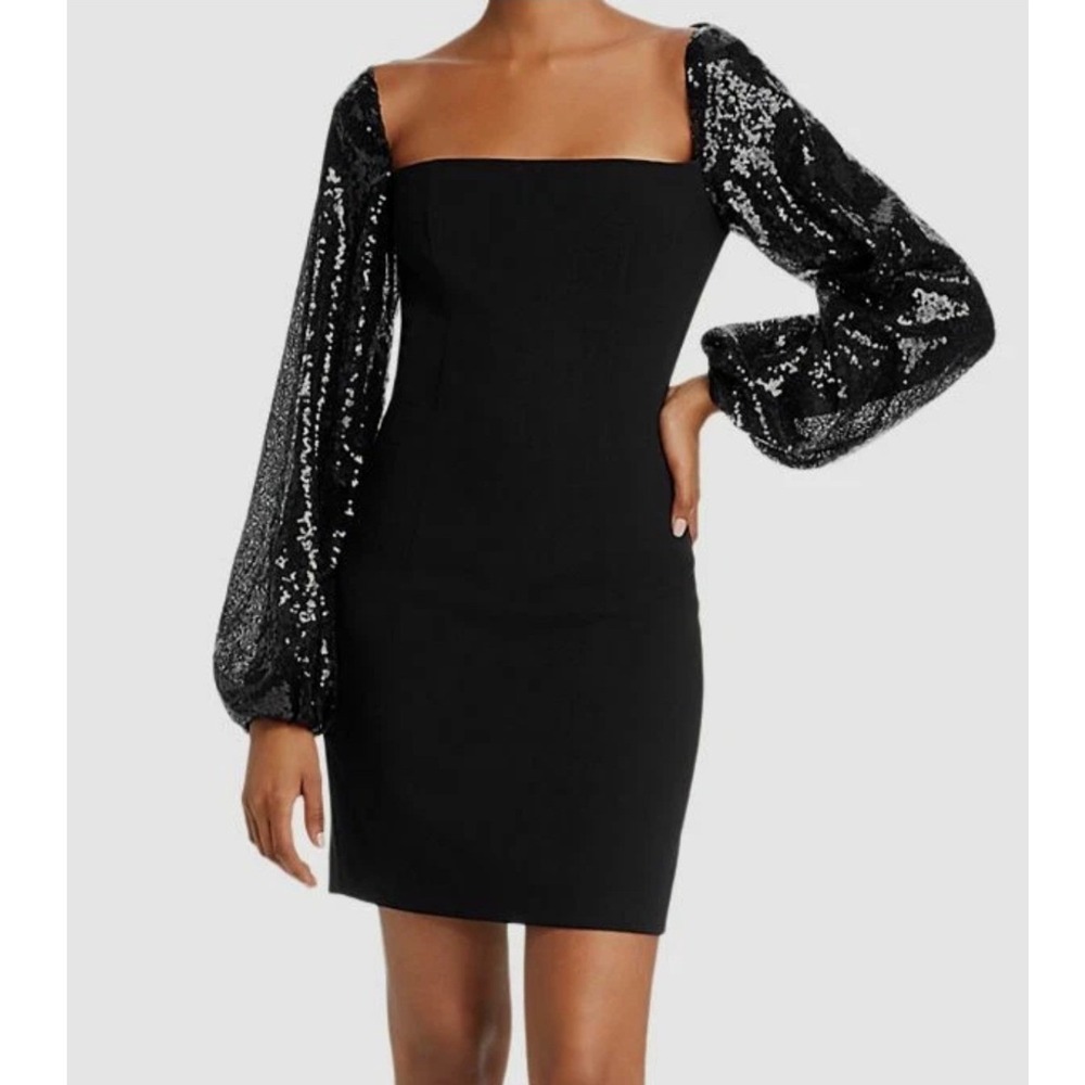 Black Halo Tiana Black Sequin Puff Sleeve Square Neck Dress Sz 0 Party Cocktail